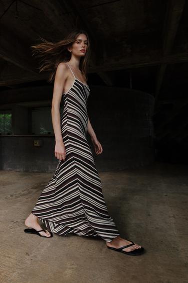 STRIPED RUSTIC MIDI DRESS - Black / Brown by Zara - Image 2