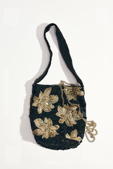 Zara FLORAL EMBROIDERY BUCKET BAG - Black