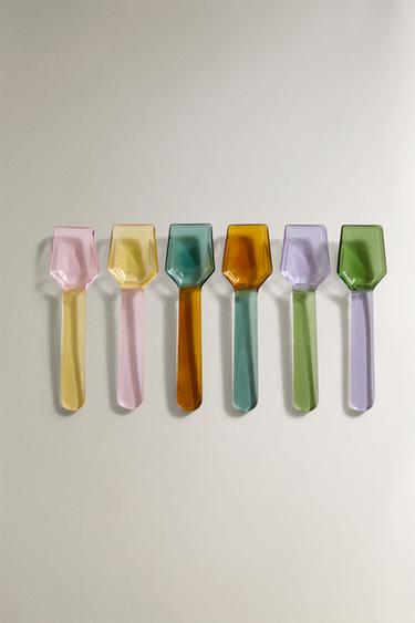 PACK OF MULTICOLOURED BOROSILICATE GLASS ICE CREAM SPOONS (PACK OF 6) - Greens by Zara - Image 0
