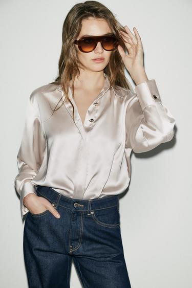Zara SATIN EFFECT BUTTON-UP SHIRT - Soft gold
