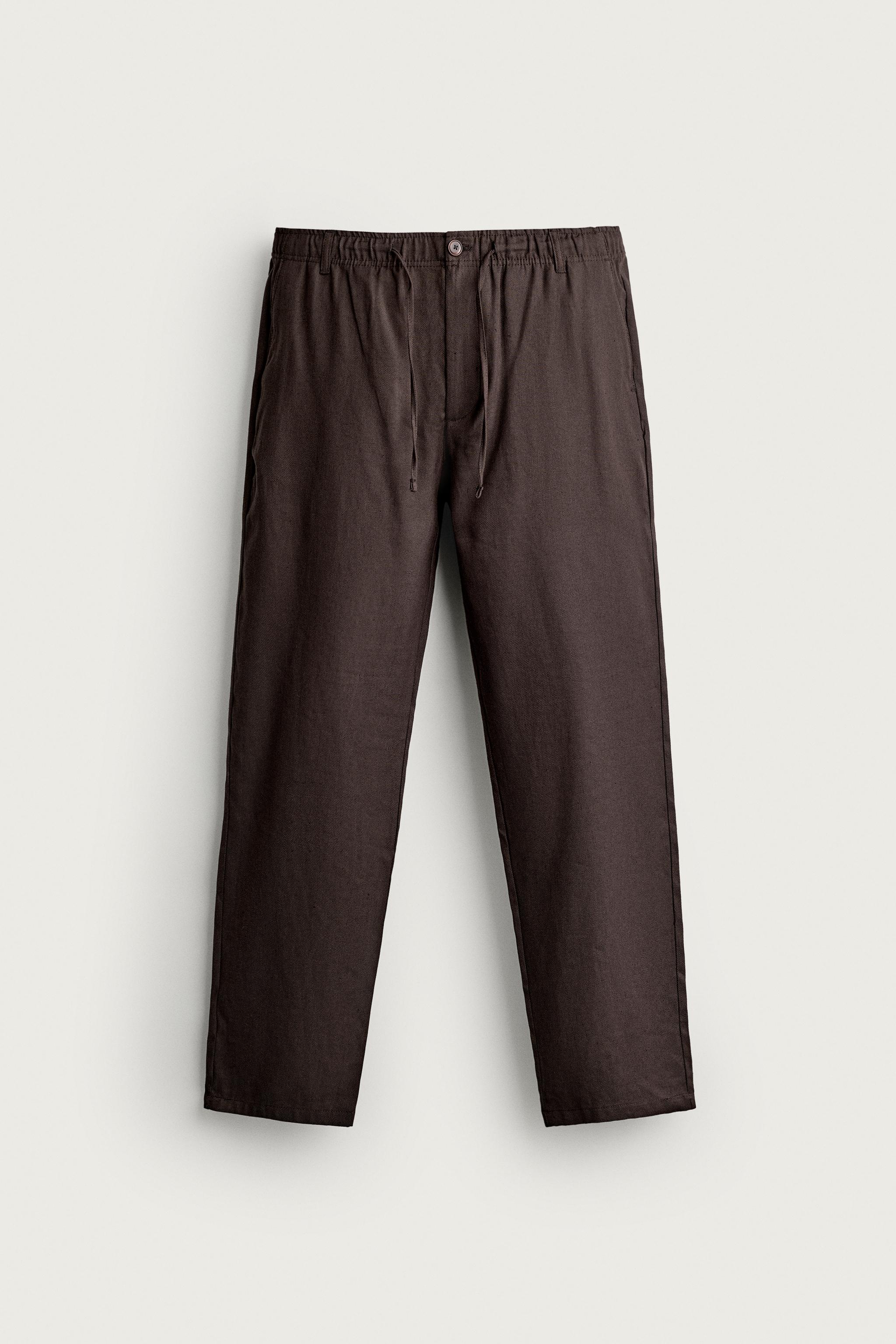 COTTON/LINEN RELAXED FIT TROUSERS — Brown