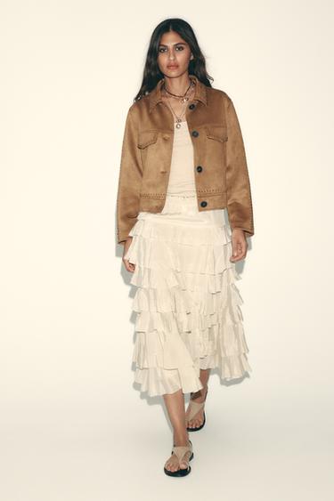 ZW COLLECTION MIDI SKIRT WITH RUFFLES - Beige / Green by Zara
