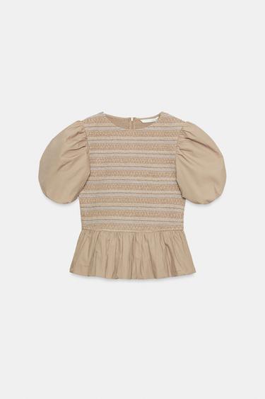 TOP BALLON NID D'ABEILLE BRODÉ - Beige foncé de Zara - Image 5