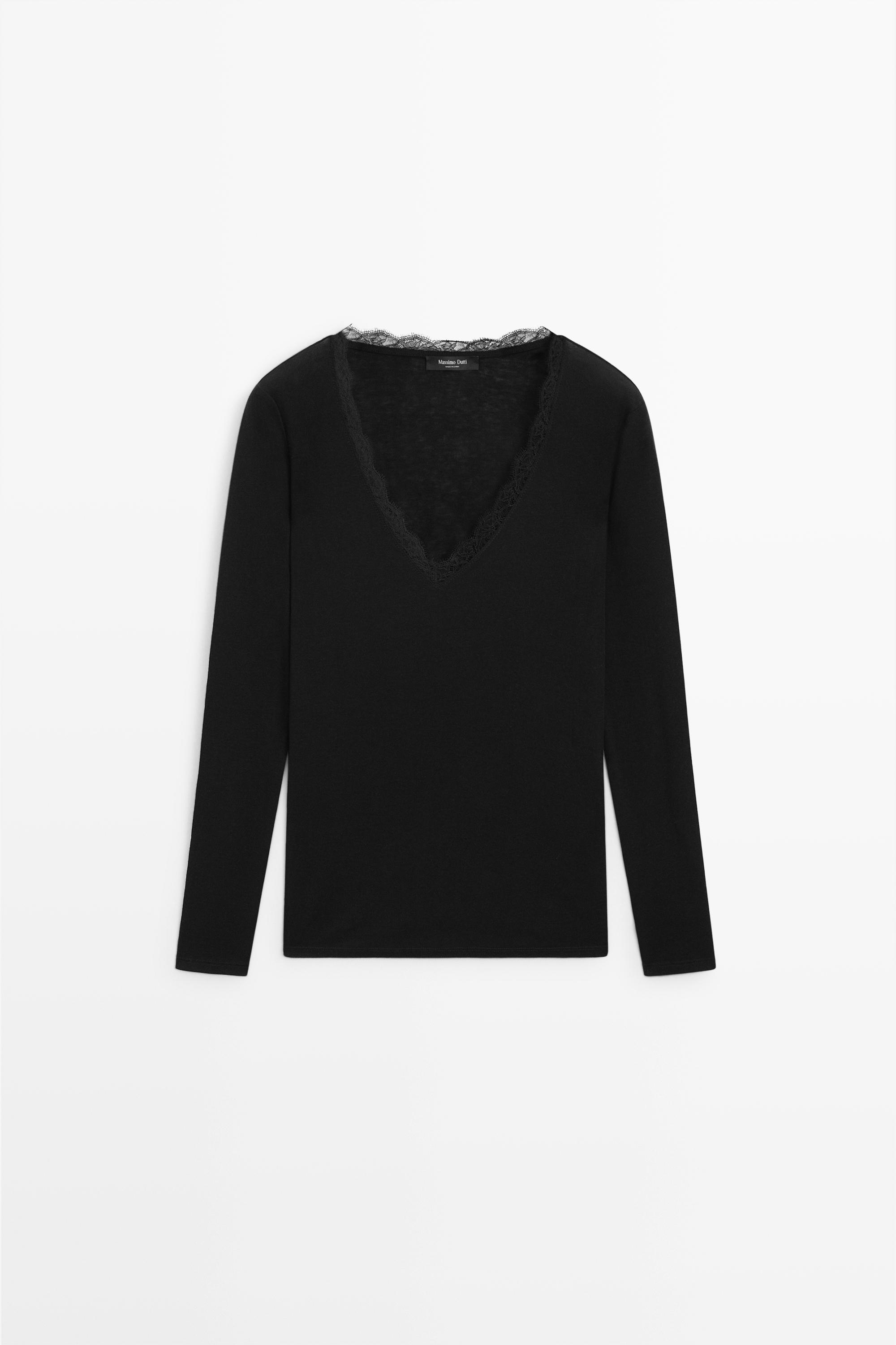 Long sleeve T-shirt with lingerie-inspired detail