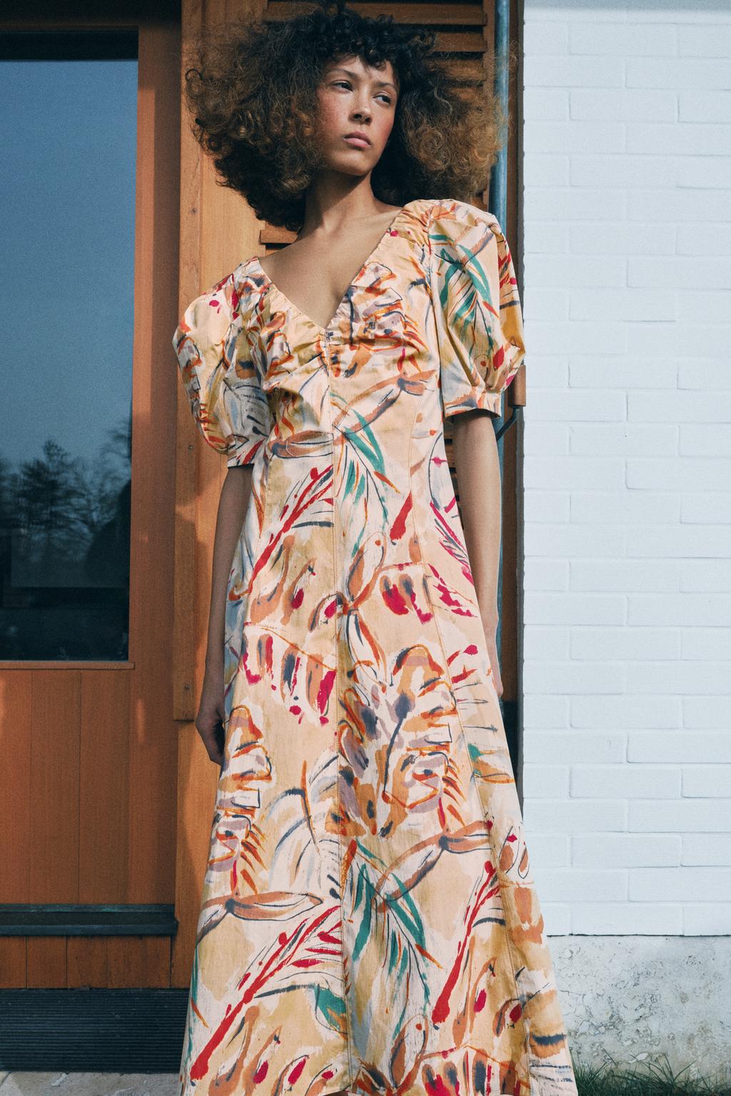 BALLOON SLEEVE PRINTED MIDI DRESS