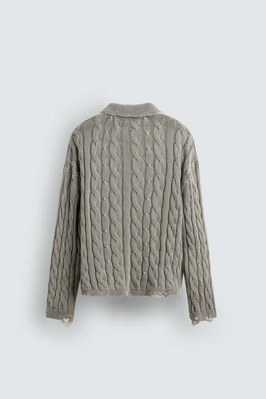 CABLE KNIT POLO SHIRT WITH DISTRESSED EFFECT - Pearl grey by Zara - Image 7