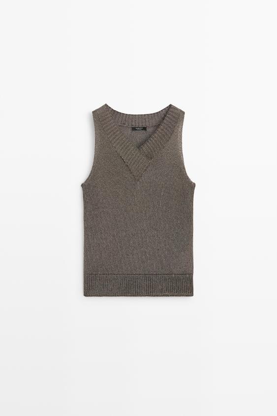 Chaleco punto metalizado escote pico - Plata de Zara - Imagen 0