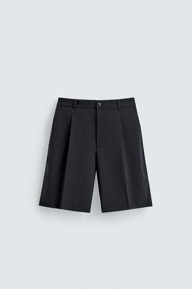 RELAXED FIT PLEATED SUIT BERMUDA SHORTS - Dark navy by Zara