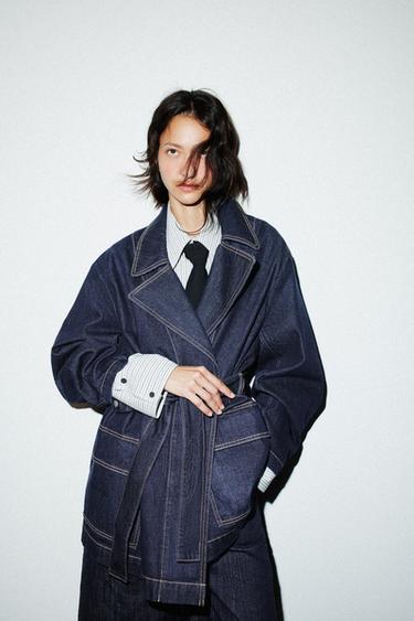 Zara TRF DENIM SHORT TRENCH COAT - Dark indigo