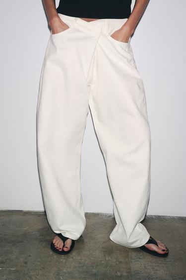 PANTALONI CU PLIU DIN BUMBAC ZW COLLECTION - Alb de la Zara