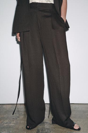 Zara PLEATED LINEN BLEND PANTS ZW COLLECTION - Brown