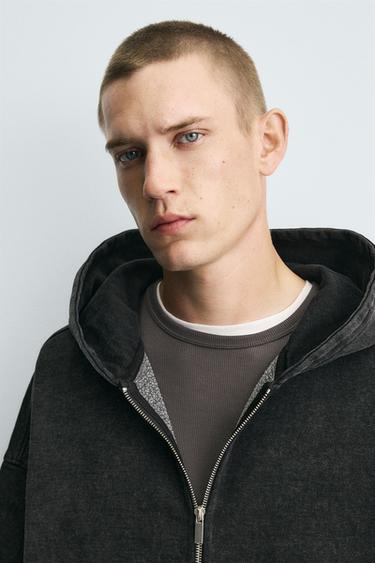 Zara 水洗拉鍊連帽運動衫 - 深灰色