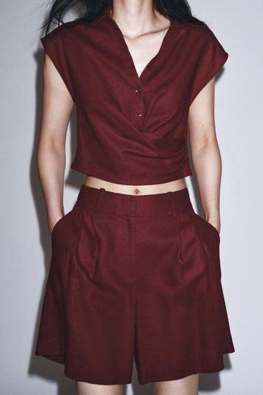 LINEN BLEND BERMUDA SHORTS WITH DARTS - Burgundy by Zara