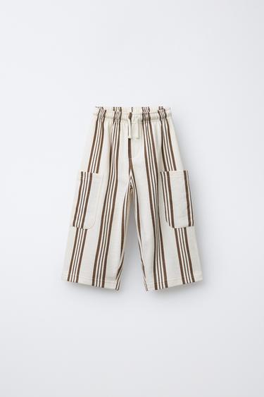 STRIPED TROUSERS - Ecru / Brown by Zara - Image 0