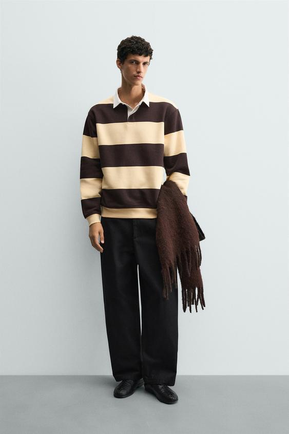 POLO SWEATSHIRT WITH CONTRAST COLLAR - Brown Stripes by Zara - Image 0