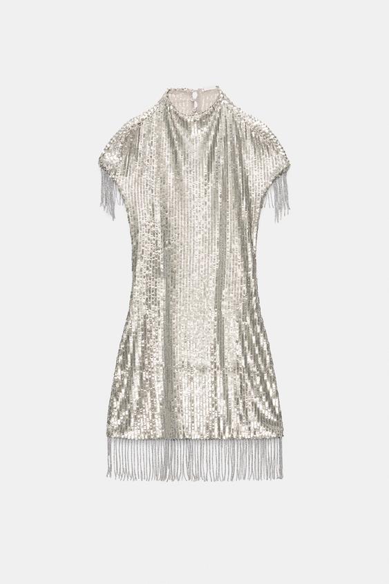 VESTIDO MINI LENTEJUELAS FLECOS - Plata de Zara - Imagen 0