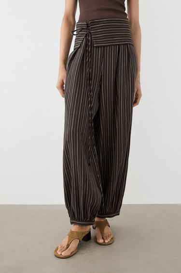 Striped sarouel trousers with cummerbund detail — Brown 2
