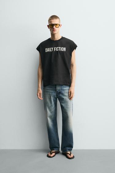 RELAXED FIT SLOGAN TANK TOP - Black by Zara
