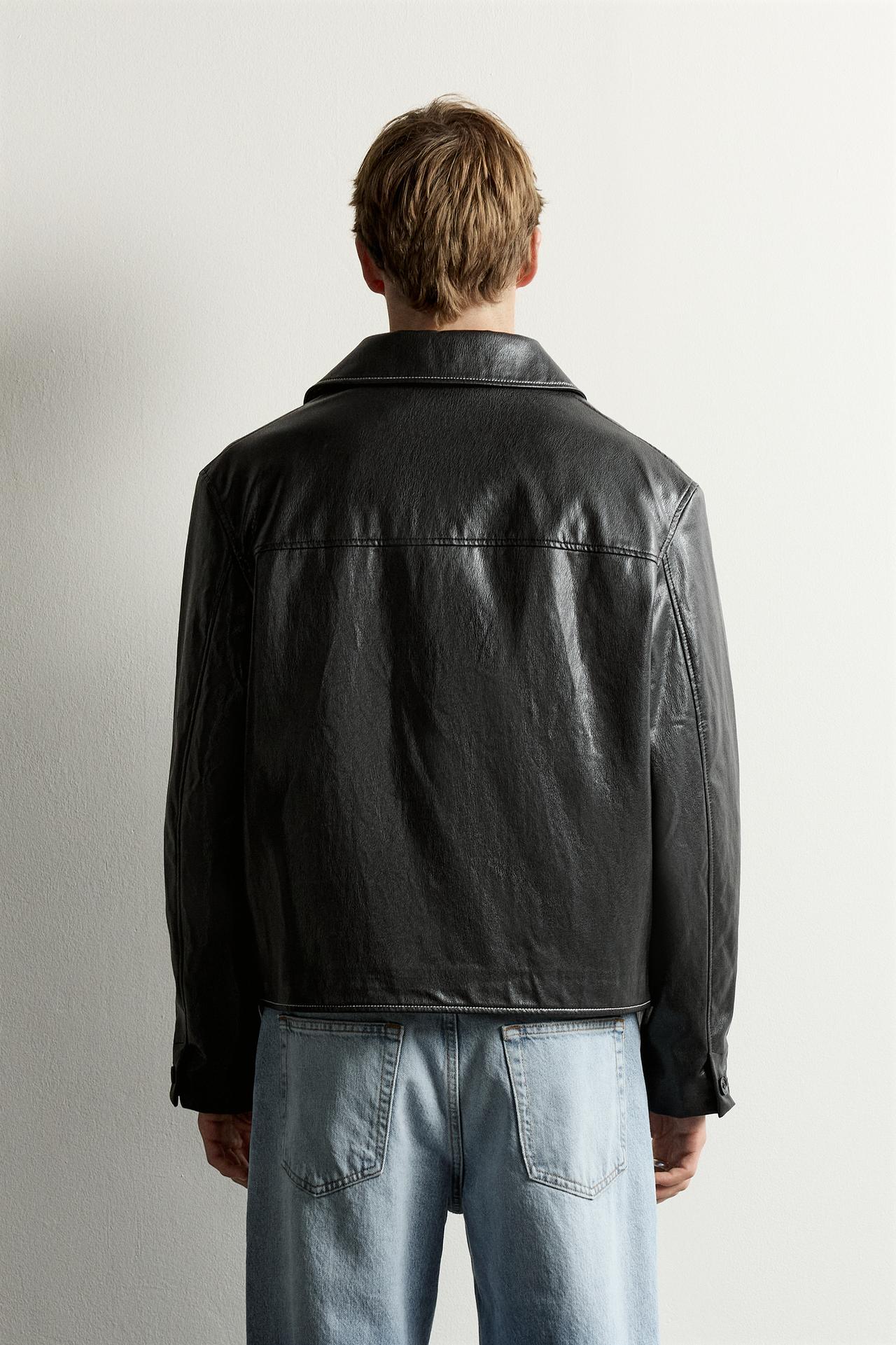 FAUX LEATHER BOXY FIT TOPSTITCHED OVERSHIRT — Black