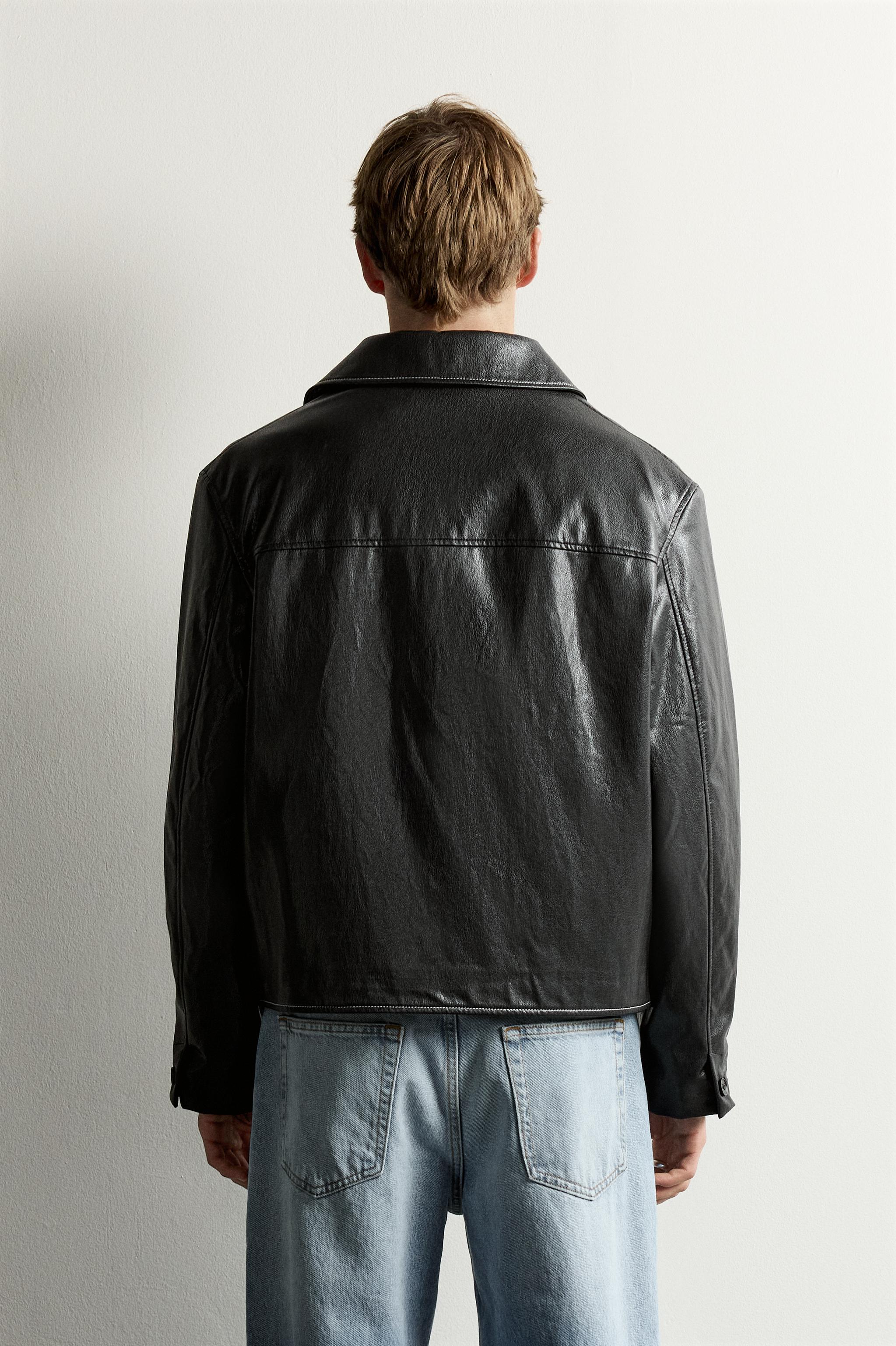 Zara FAUX LEATHER TOPSTITCHED BOXY OVERSHIRT — фото 3