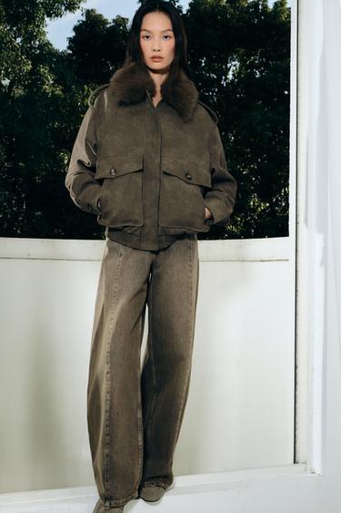 Zara TRF 系列低腰寬鬆桶狀牛仔褲 - 棕色