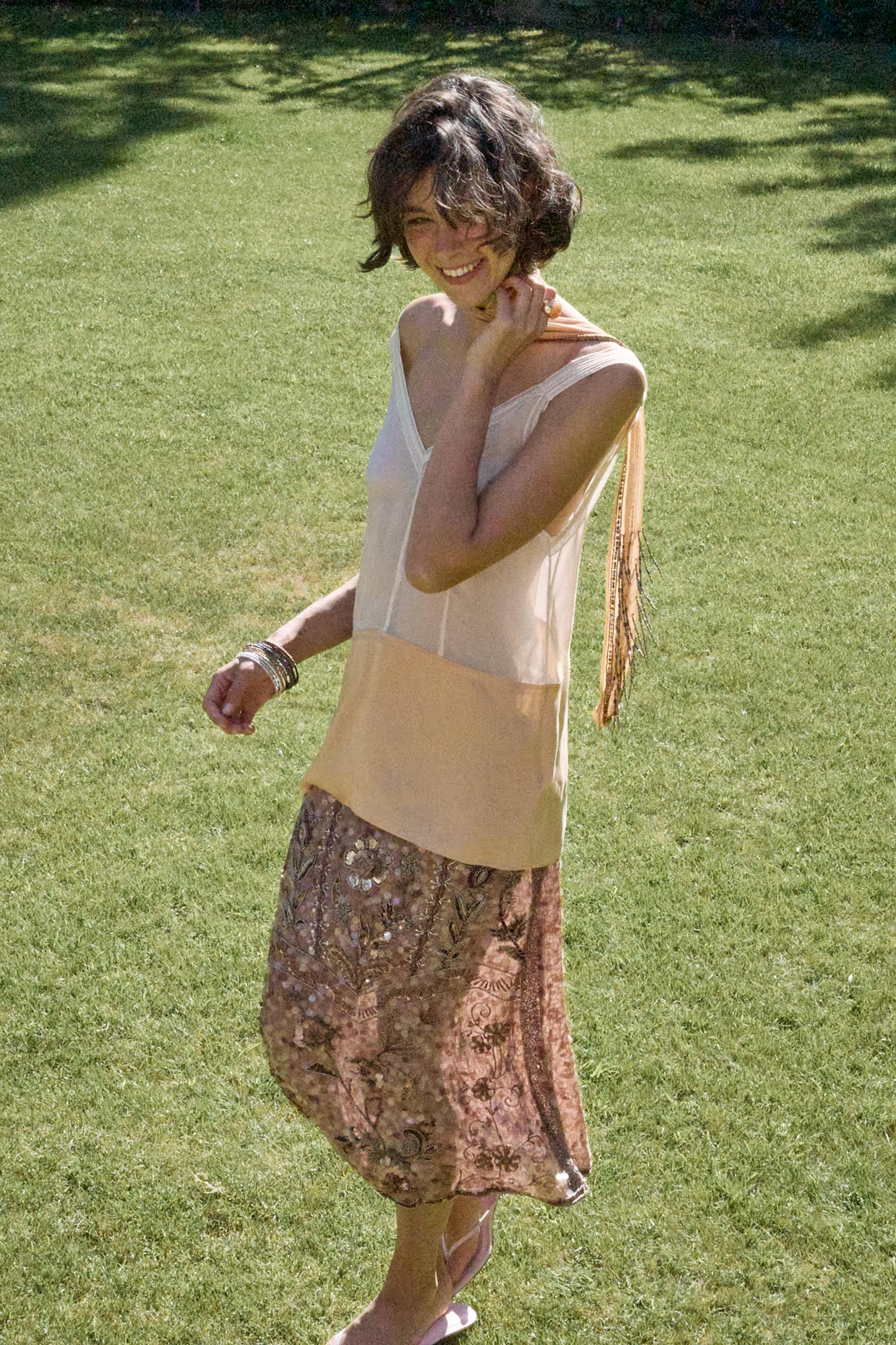 LIMITED EDITION EMBROIDERED BEADED MIDI SKIRT — Brick