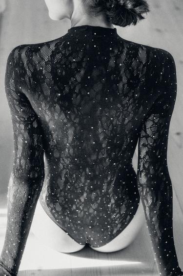 SEAMLESS LACE BODYSUIT WITH RHINESTONES - Black by Zara