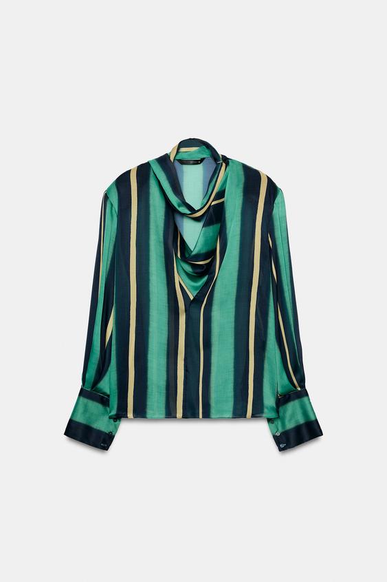 ZW COLLECTION STRIPED SCARF SHIRT - Blue / Green by Zara - Image 0