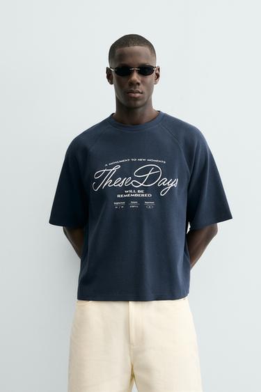 Zara WAFFLE KNIT T-SHIRT - Navy blue