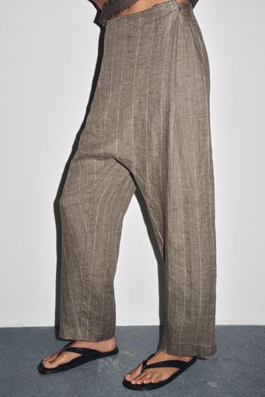 Zara STRIPED LINEN BAGGY PANTS - Brown