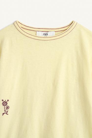 T-SHIRT SURPIQÛRES FLEUR BRODÉE COTON LIN ÉDITION LIMITÉE - Vanille de Zara - Image 6