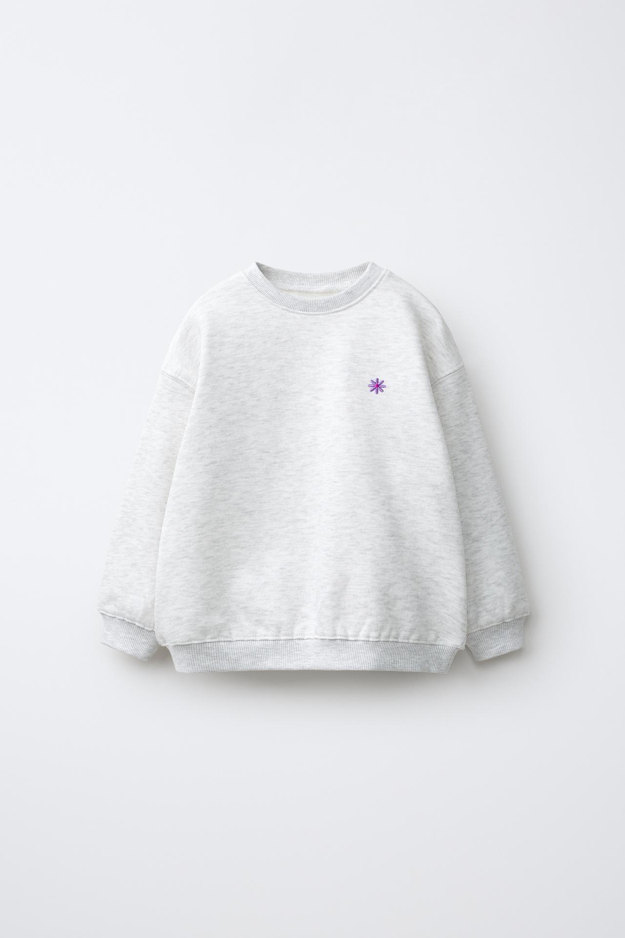 DAISY EMBROIDERED FLEECE SWEATSHIRT — Gray marl