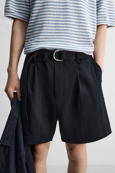 PLEATED BERMUDA SHORTS WITH BELT - Blue by Zara
