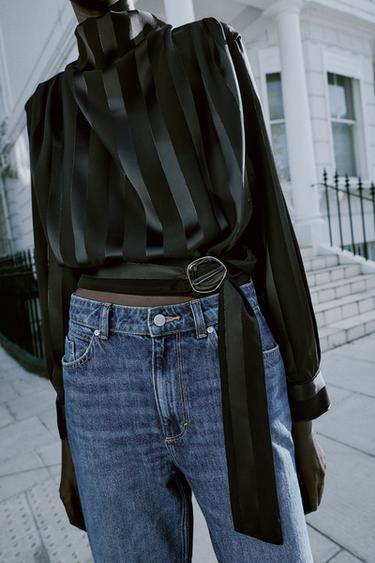 STRIPED METALLIC YARN BELTED BLOUSE — Black 1