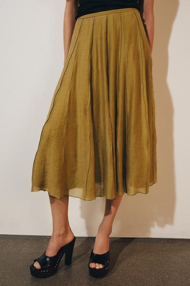 Zara ZW COLLECTION FLOWY COMBINED SKIRT - Olive green