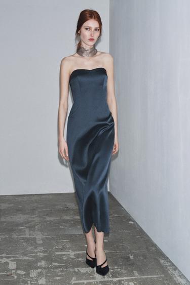 Zara SATIN EFFECT STRAPLESS DRESS - Blue
