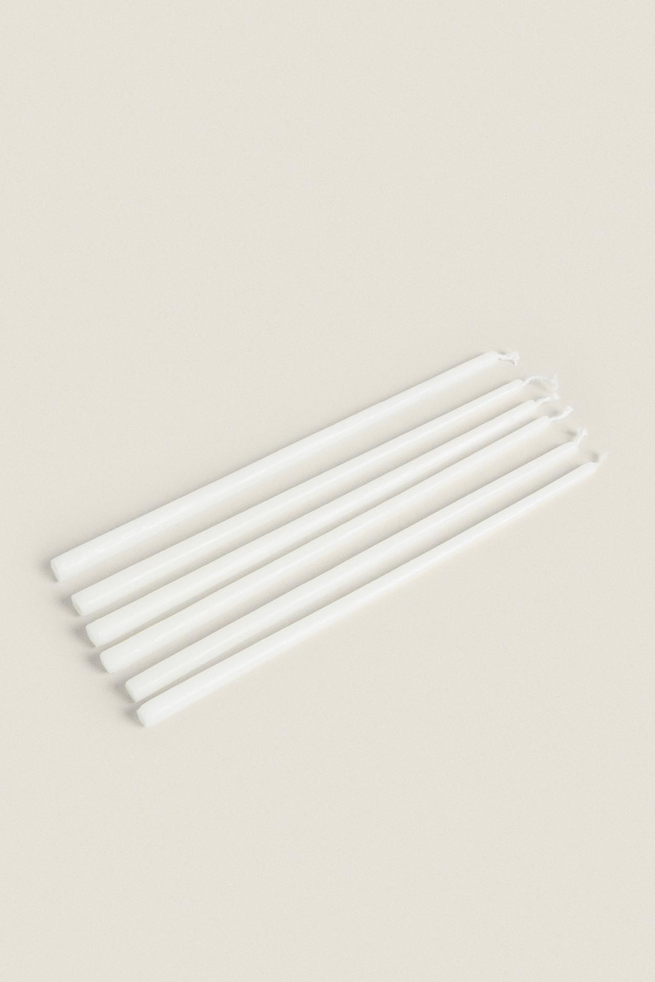 SET OF DECORATIVE CYLINDRICAL LONG TAPER CANDLES (SET OF 6) — Ecru