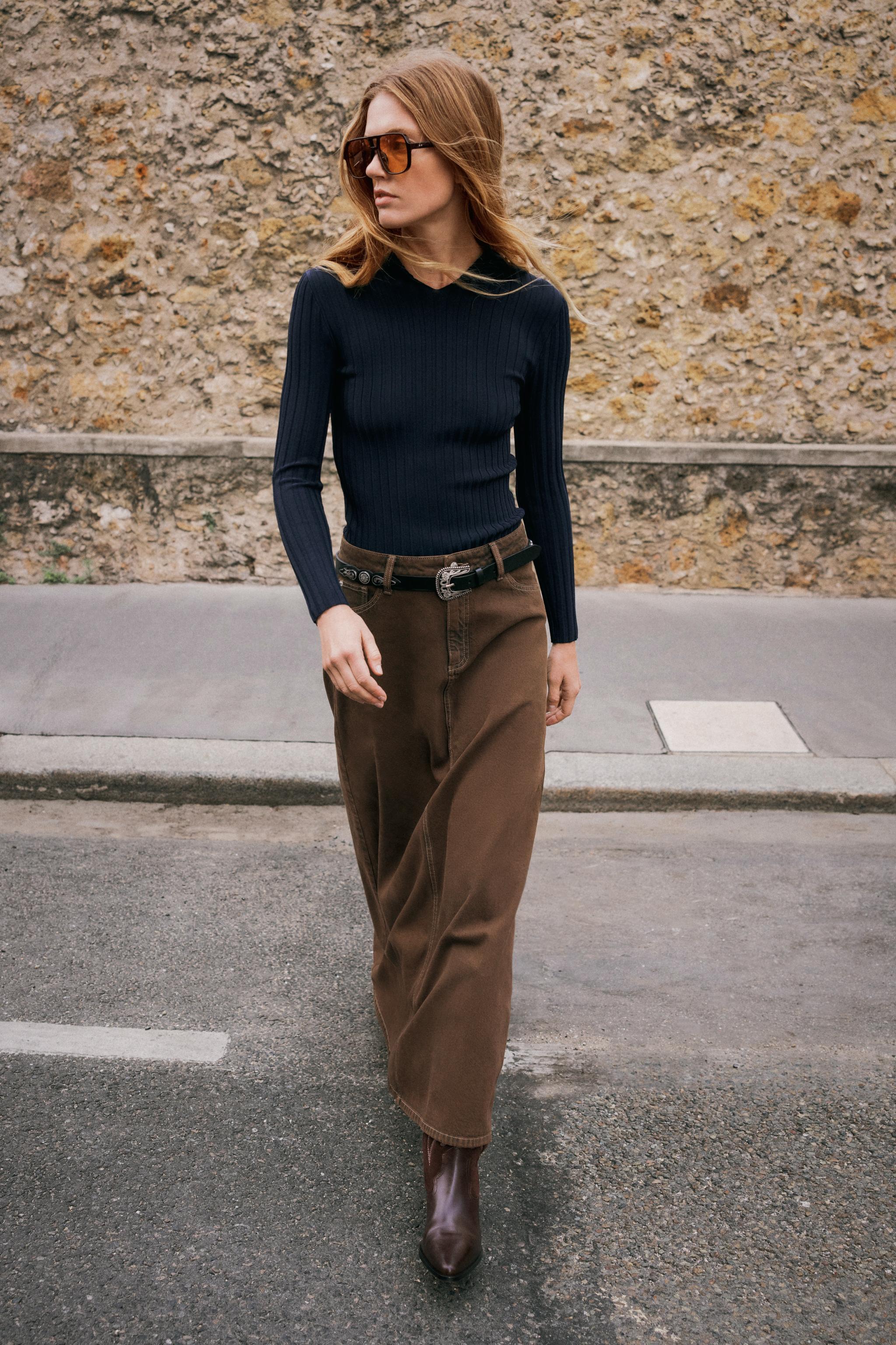 Z1975 DENIM MIDI FLARE SKIRT - Brown | ZARA Canada