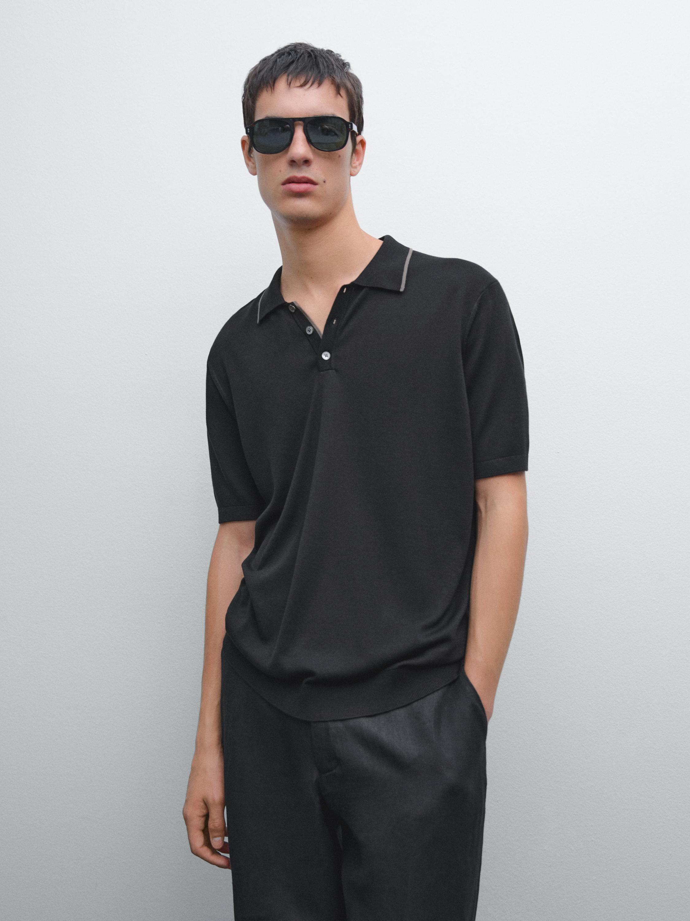Knit polo shirt with coloured collar detail