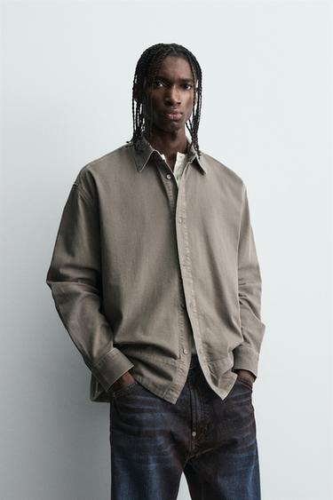 Zara WASHED DENIM SHIRT - Taupe gray
