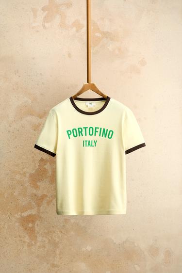 Zara CONTRAST TEXT RIBBED T-SHIRT - Pastel yellow