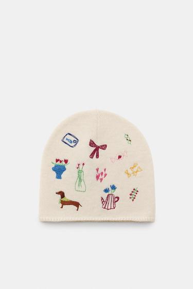 GORRO BEANIE PUNTO BORDADOS - Crudo de Zara
