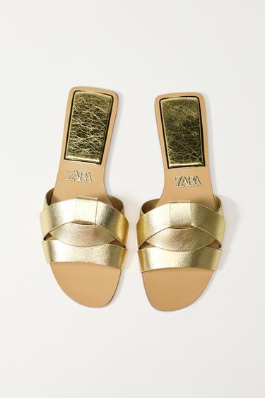 METALLIC LEATHER CROSS-STRAP SANDALS - Gold by Zara