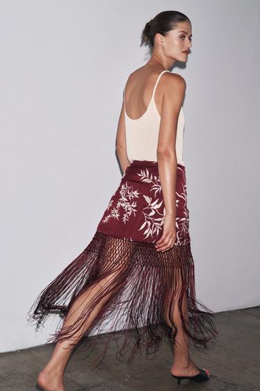 EMBROIDERED FRINGED WRAP SKIRT - Burgundy by Zara - Image 2