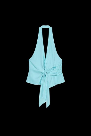 HALTER KNOT TOP IN A LINEN BLEND - Turquoise by Zara - Image 0