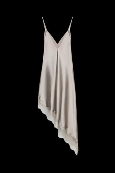 Zara ASYMMETRIC SATIN EFFECT LACE DRESS - Dark beige