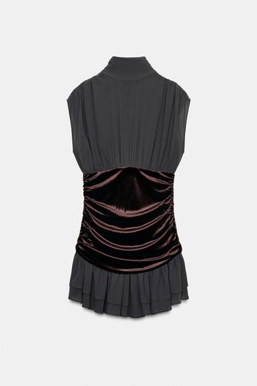 SHORT DRESS WITH VELVET AND RUFFLES - Dark charcoal grey by Zara