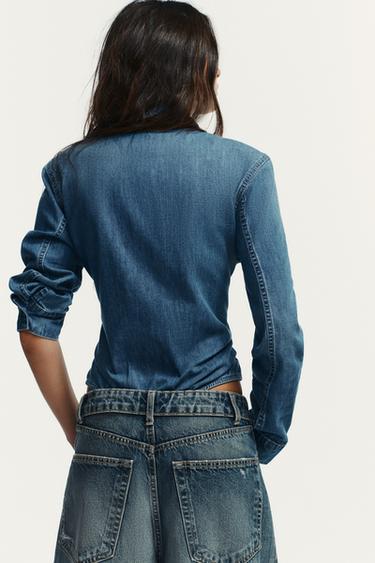 SHIRT-STYLE BODYSUIT WITH SHOULDER PADS - Blue by Zara - Image 4