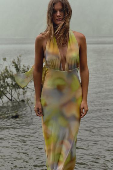 PRINTED TULLE HALTER MIDI DRESS - Multicoloured by Zara