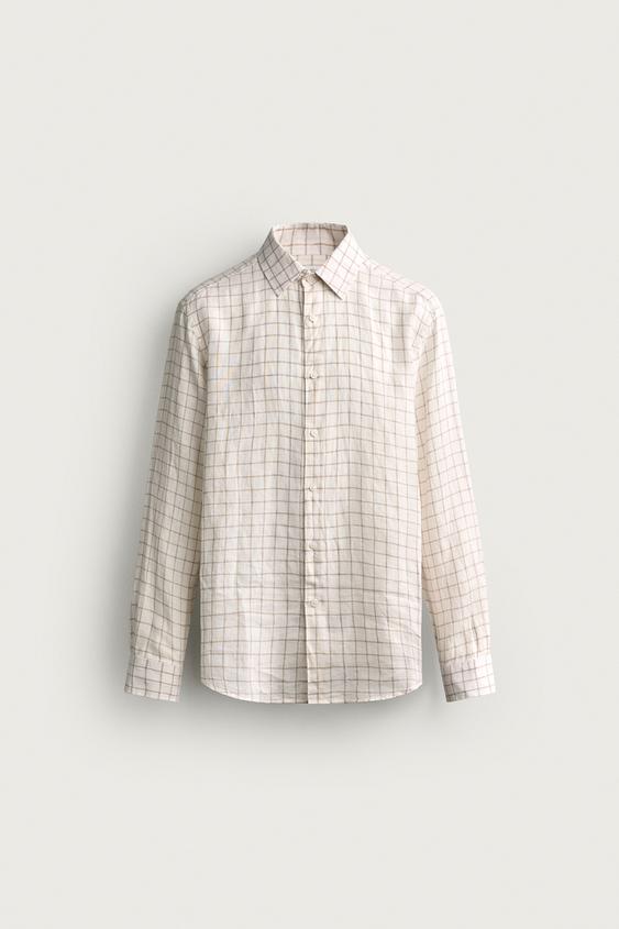 RELAXED FIT CHECK 100% LINEN SHIRT - White by Zara - Image 0